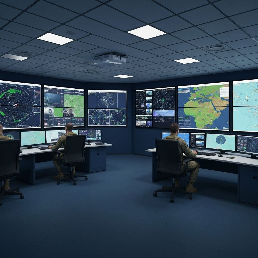 Defence professionals reviewing mission data with AI-assisted decision support tools